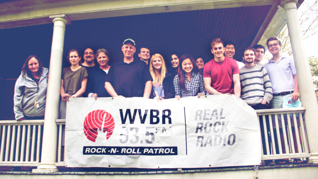 Cornell Media Guild and WVBR student staff and community member DJs gather on the porch of Olbermann-Corneliess Studios in Collegetown after an event in 2016