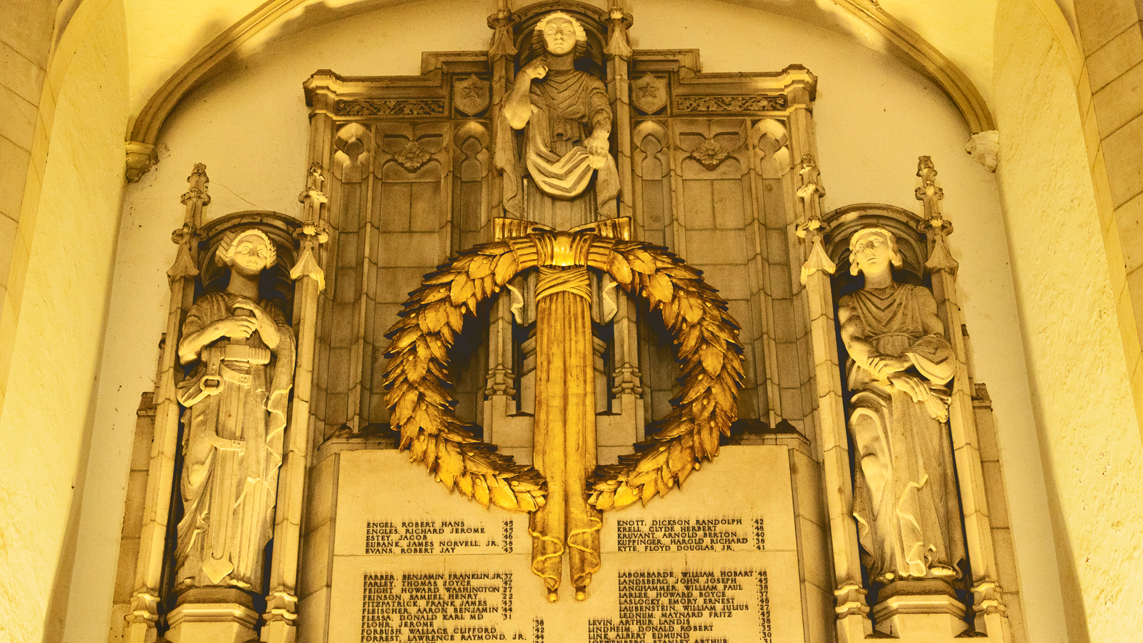 A detail of the war memorial in Anabel Taylor Hall