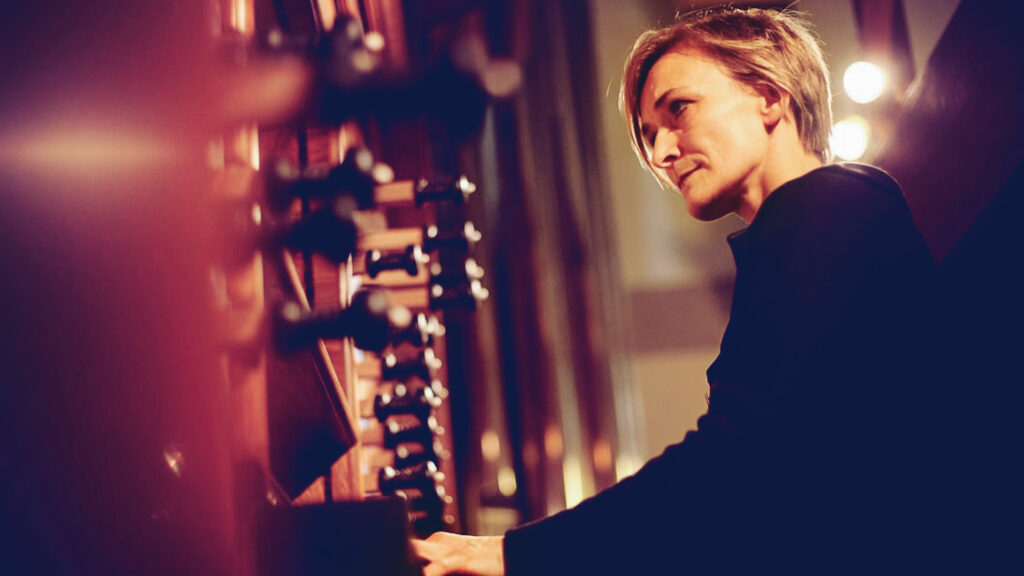 Annette Richards at the Baroque organ in Anabel Taylor Chapel