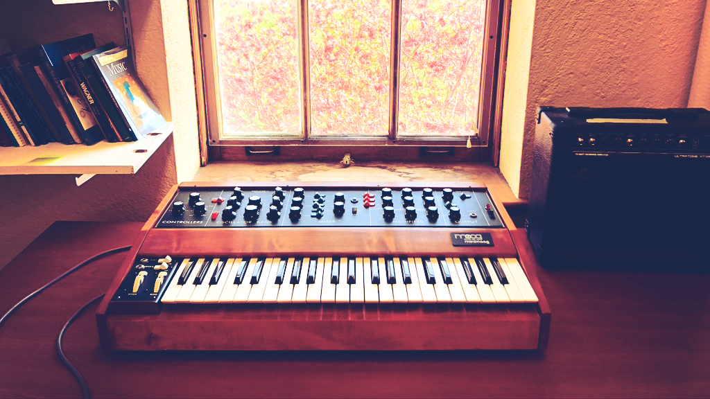 One of the original historic MiniMoog synthesizers that is part of the keyboard collection
