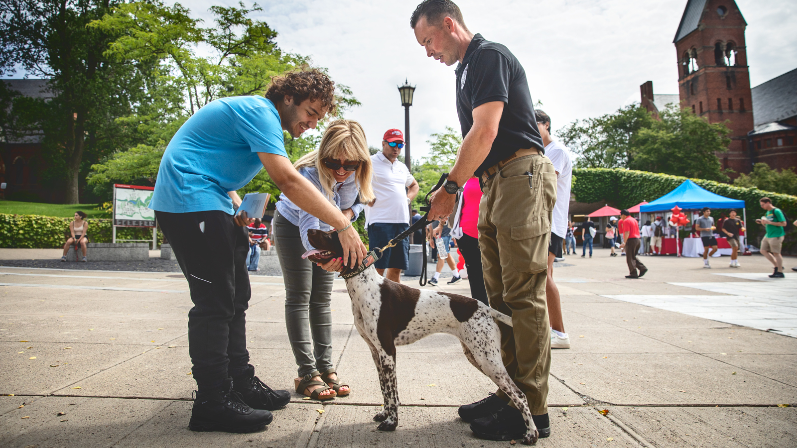 A man holds a brown and white dog on a leash while another man and a woman bend over to pet the dog.
