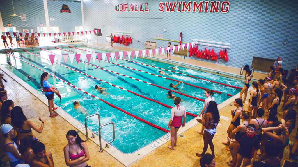 Students standing by the pool and others swimming for the Cornell Swim Test