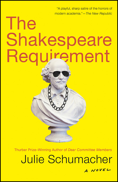 The book cover of the Shakespeare Requirement featuring a bright yellow background and a bust statue of Shakespeare wearing black sunglasses.