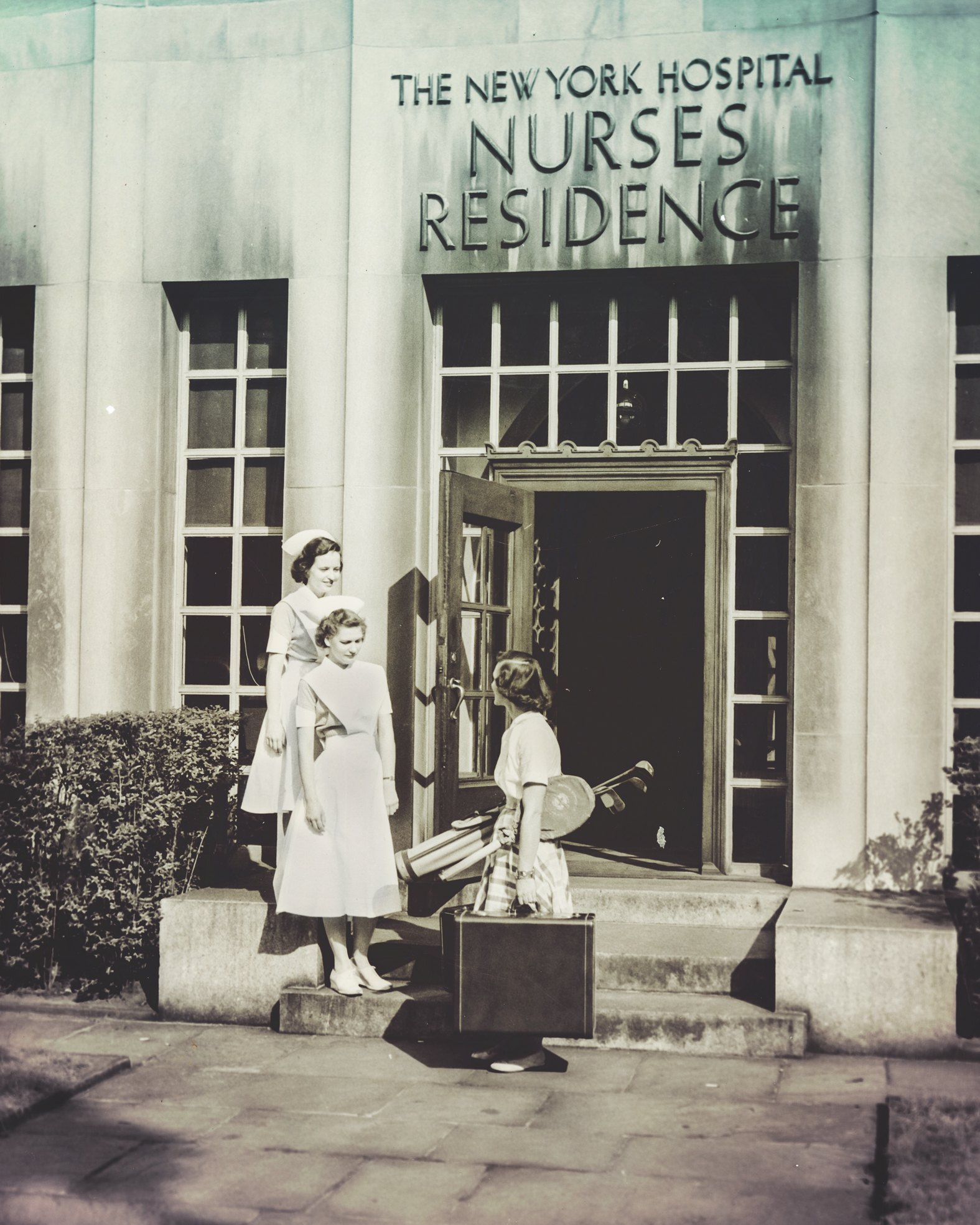Students at the entrance of the nurses’ residence, 1949