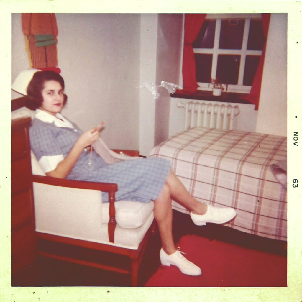 Doris Glick ’66, taking a break in her room in the nurses’ residence, fall 1963
