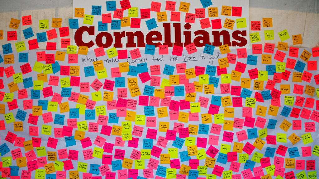 Image of hundreds of Post-It notes that depict what makes Cornell feel like home.