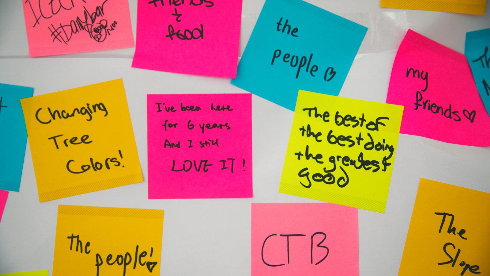 Image of multiple Post-It notes, some of which say: friends & food; the people; my friends; changing tree colors!; I've been here for 6 years and I still LOVE IT!; The best of the best doing the greatest good; the people!; CTB; and the slope.