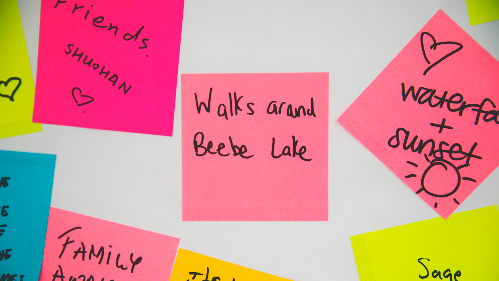 Image of multiple Post-It notes, some of which say: Friends, Shuohan; walks around Beebe Lake; and waterfalls + Sunset.