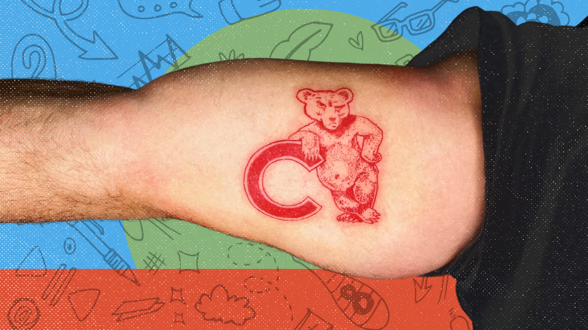 A Cornell University logo tattooed on a man's right arm.