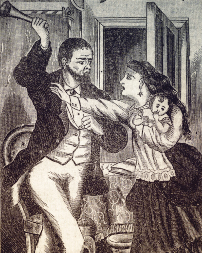 An illustration of Rulloff attacking his wife and child.