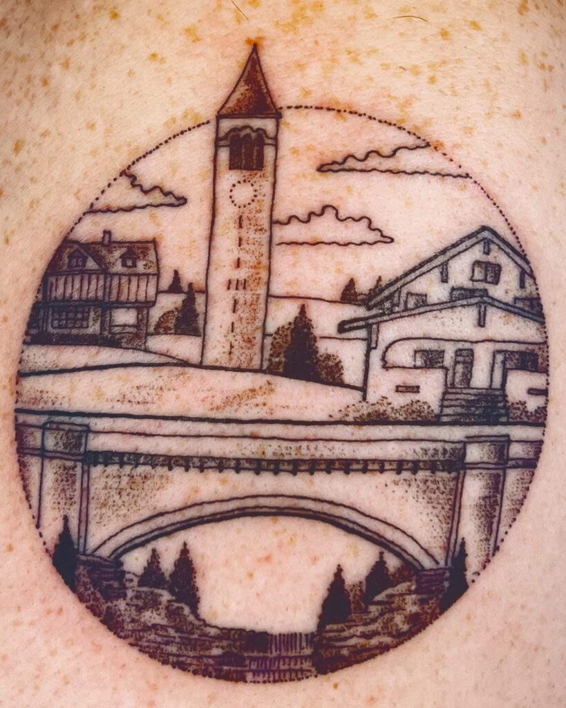 A tattoo of various landmarks around Ithaca, New York