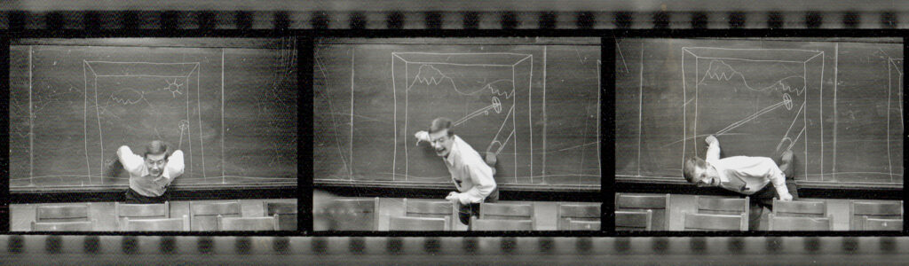 Three consecutive frames show a particularly agile professor in front of a blackboard