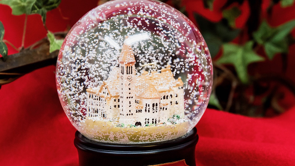 Cornell snow globe on a red background