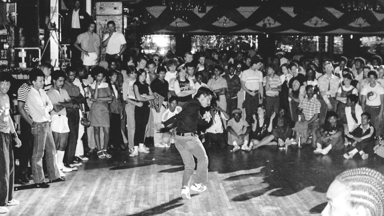 An unidentified b-boy performs at the Roseland Ballroom in NYC, 1981