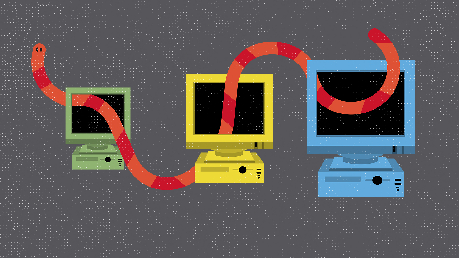 An illustration of a long red worm running through three different computer screens.