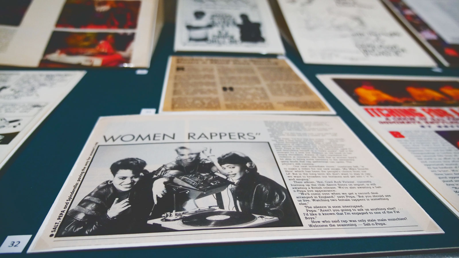 Detail view of hip hop artifacts on display at the rotunda in Cornell University Library’s Division of Rare and Manuscript Collections