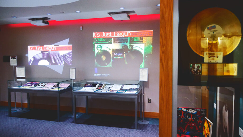 Hip hop artifacts on display at the rotunda in Cornell University Library’s Division of Rare and Manuscript Collections