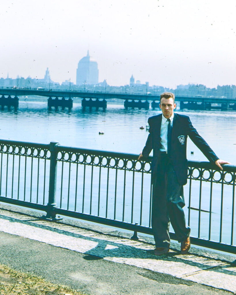 Horst Kruse, MA ’54, by the Charles River in Boston as a Cornell student