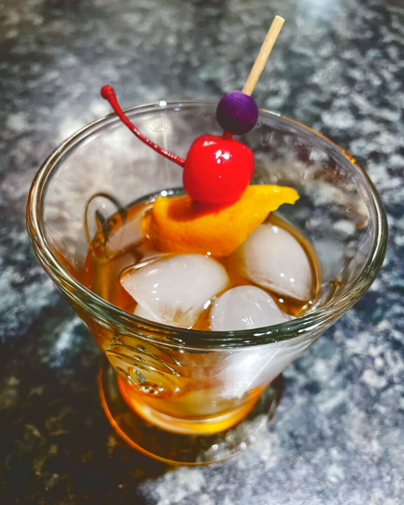 A maple old fashioned cocktail.