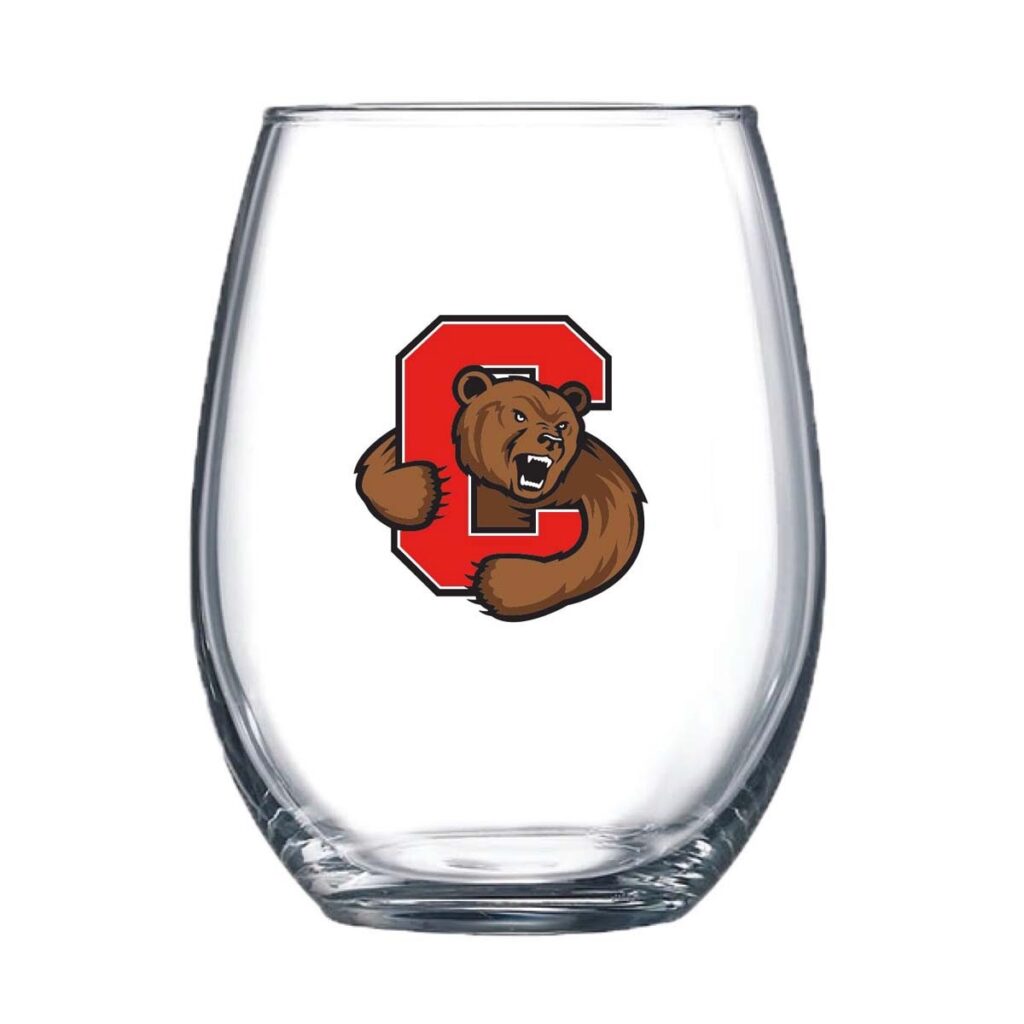 "Cornell"-branded stemless wine glass