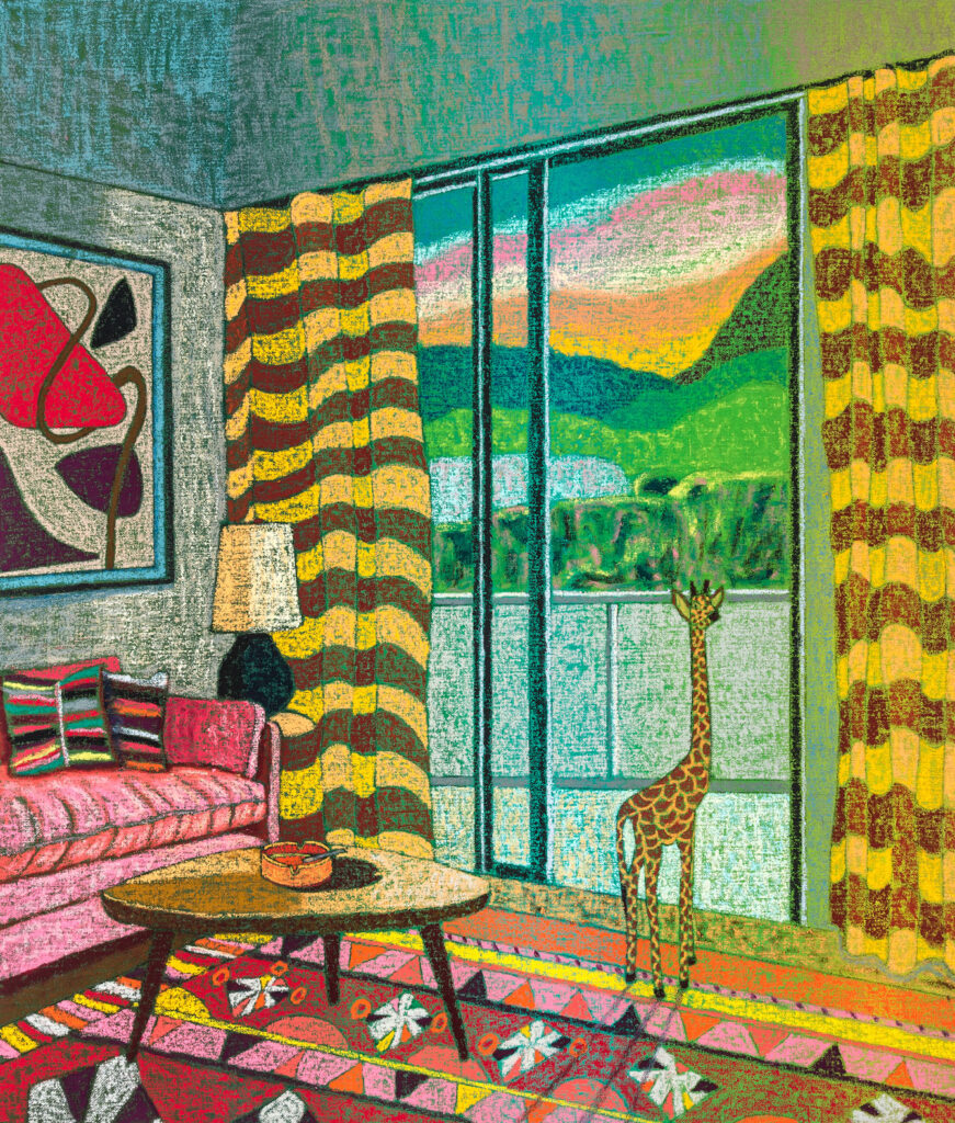 A vibrant psychedelic painting of a small giraffe looking out of a living room window.