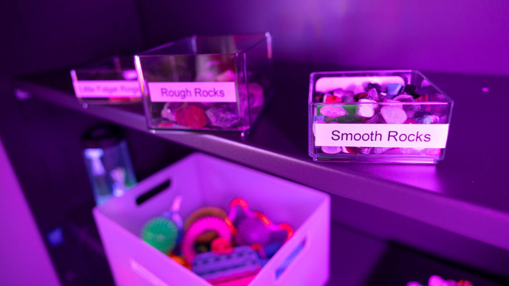 Rocks, fidgets, and books are just a few of the amenities provided in the Sensory Room (417) in the CCC Building.