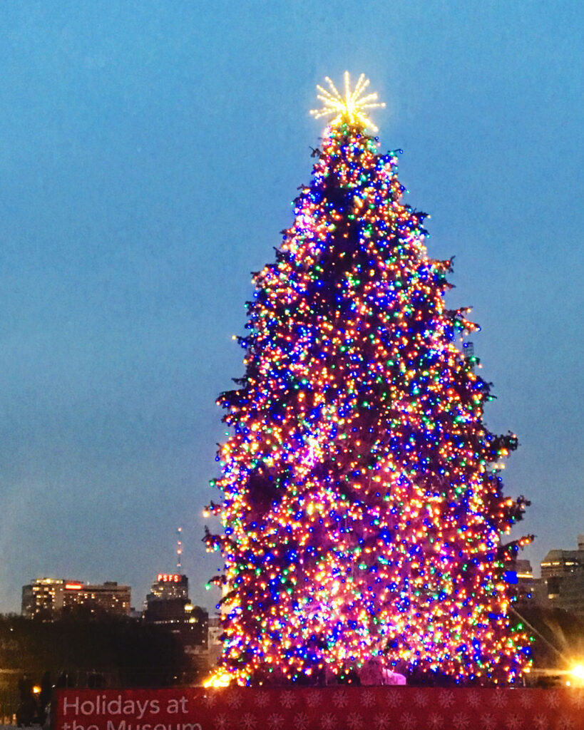 An oversized Christmas tree with multicolored lights in front of the Philadelphia Museum of Art.