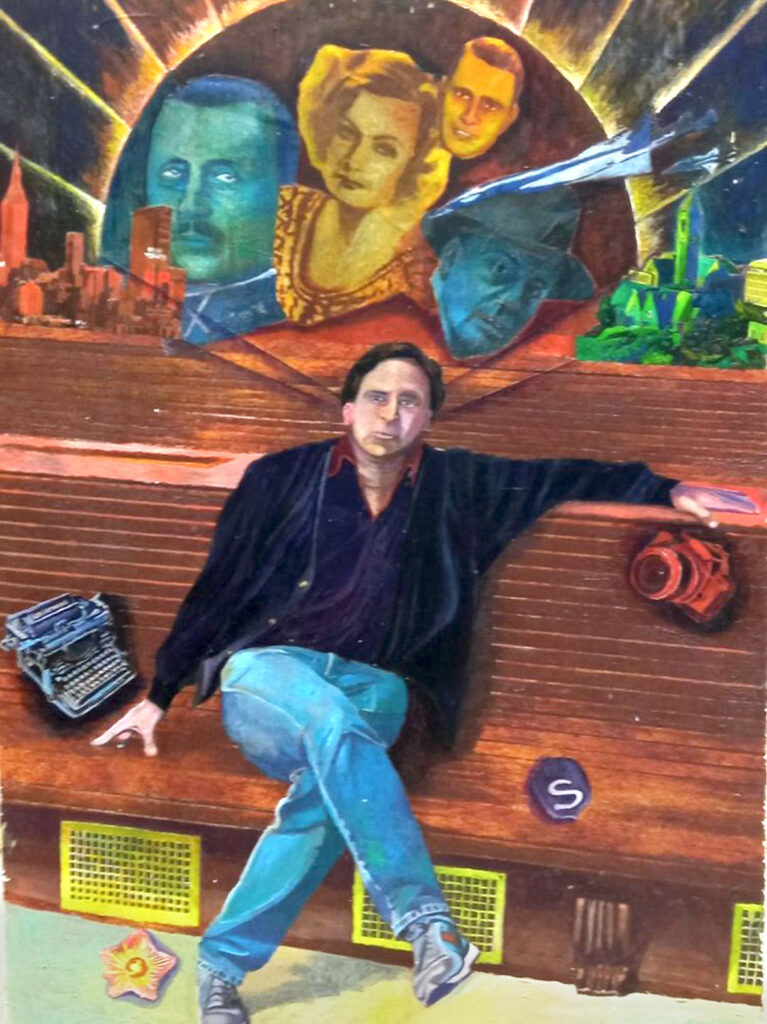 A painted portrait of a man sitting on a bench.