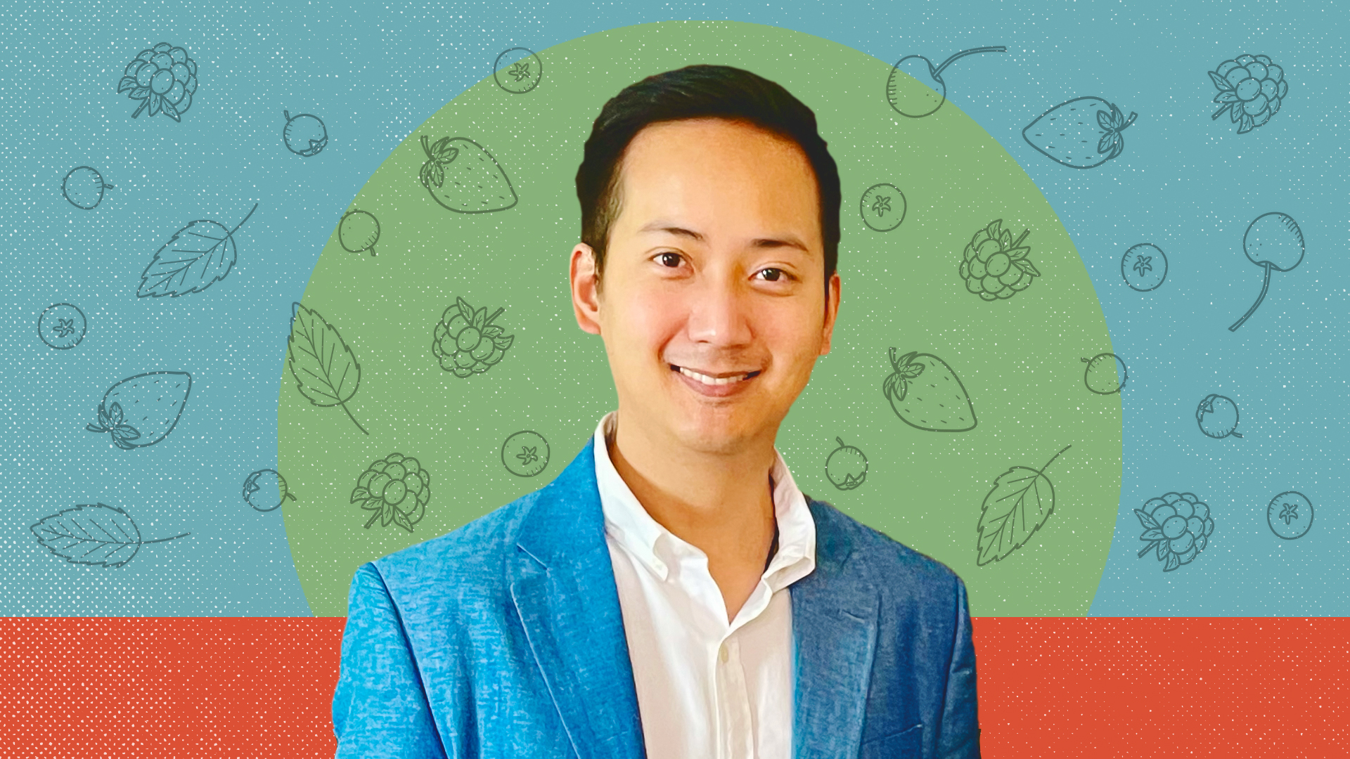 A photo of Jerome Tso with icons of berries and leaves