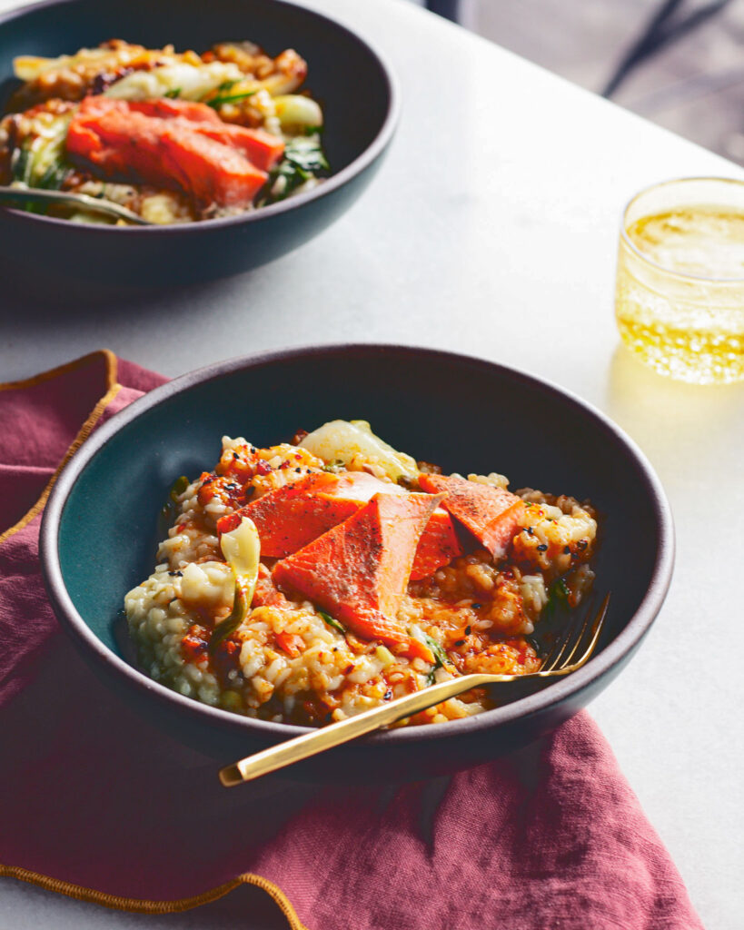 Miso risotto with baked salmon