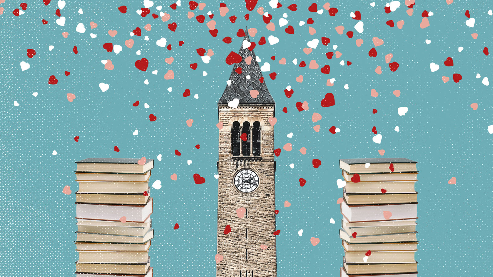 An illustration of two stacks of books, with the Cornell clocktower in the center, and pink, red, and white hearts in the air
