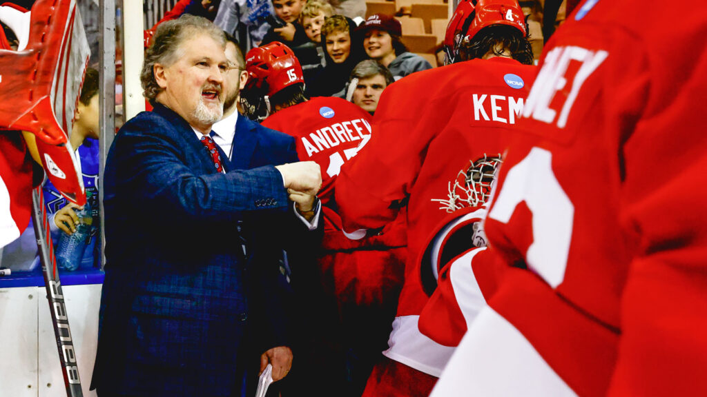 The Cornell Big Red men's ice hockey team competes against Denver on March 23, 2023 at SNHU Arena in Manchester, N.H.