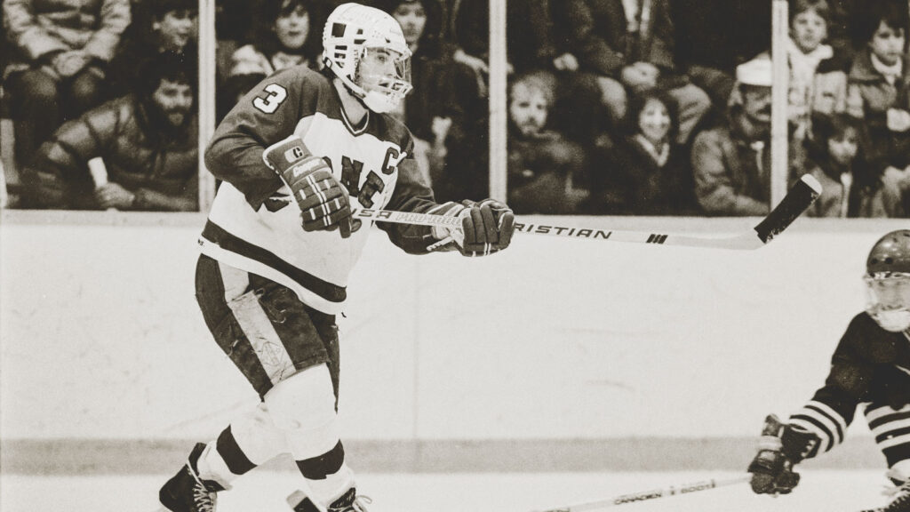 Schafer playing for the Big Red men's hockey team playing Brown at Lynah Rink on Feb. 22, 1986.