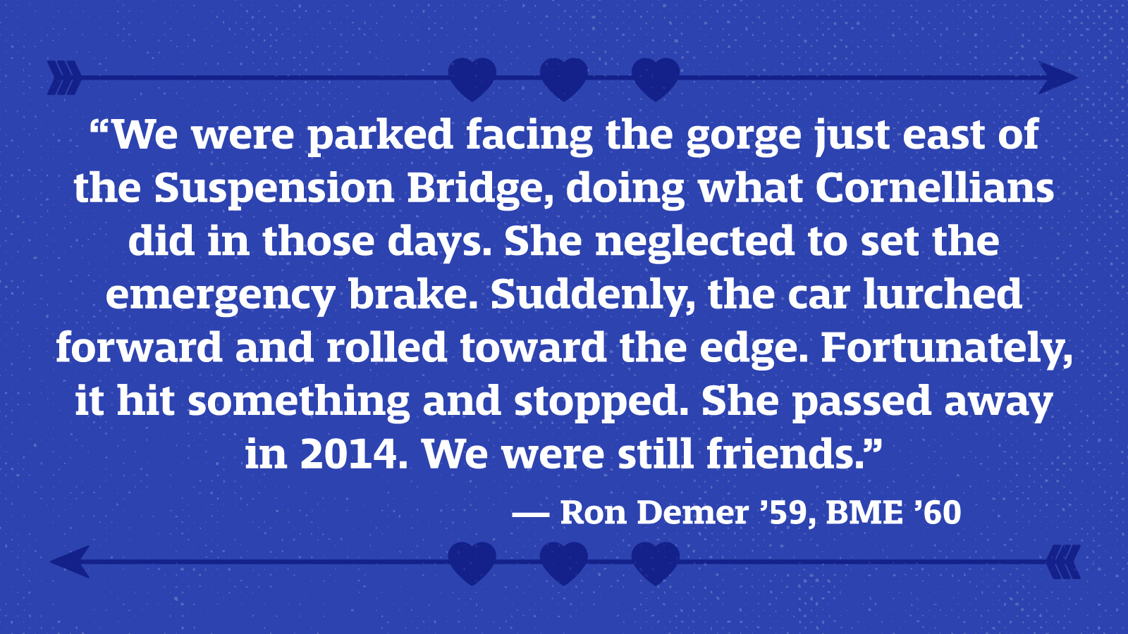 “We were parked facing the gorge just east of the Suspension Bridge, doing what Cornellians did in those days. She neglected to set the emergency brake. Suddenly, the car lurched forward and rolled toward the edge. Fortunately, it hit something and stopped. She passed away in 2014. We were still friends.” — Ron Demer ’59, BME ’60