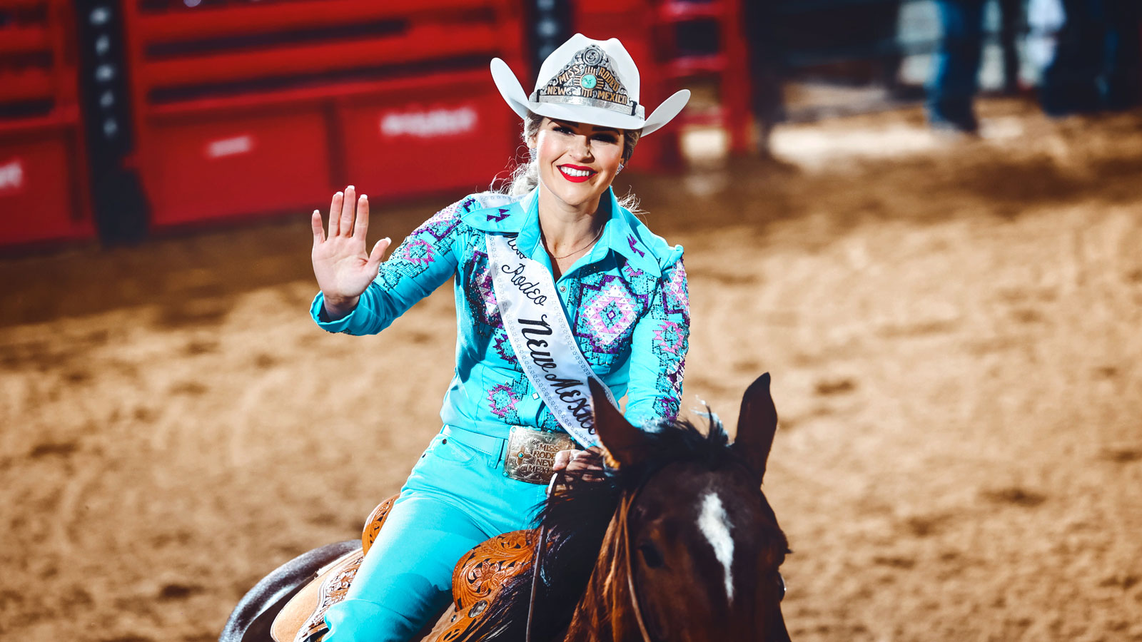 Emma Cameron riding a horse during the Miss Rodeo America competition