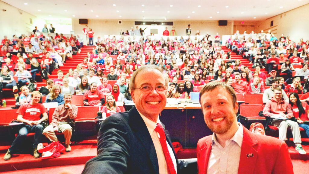 Capping a day of Sesquicentennial celebrations on April 27, 2015, Ezra stopped by Corey Earle ’07’s AMST 2001 Cornell history class in Uris Auditorium