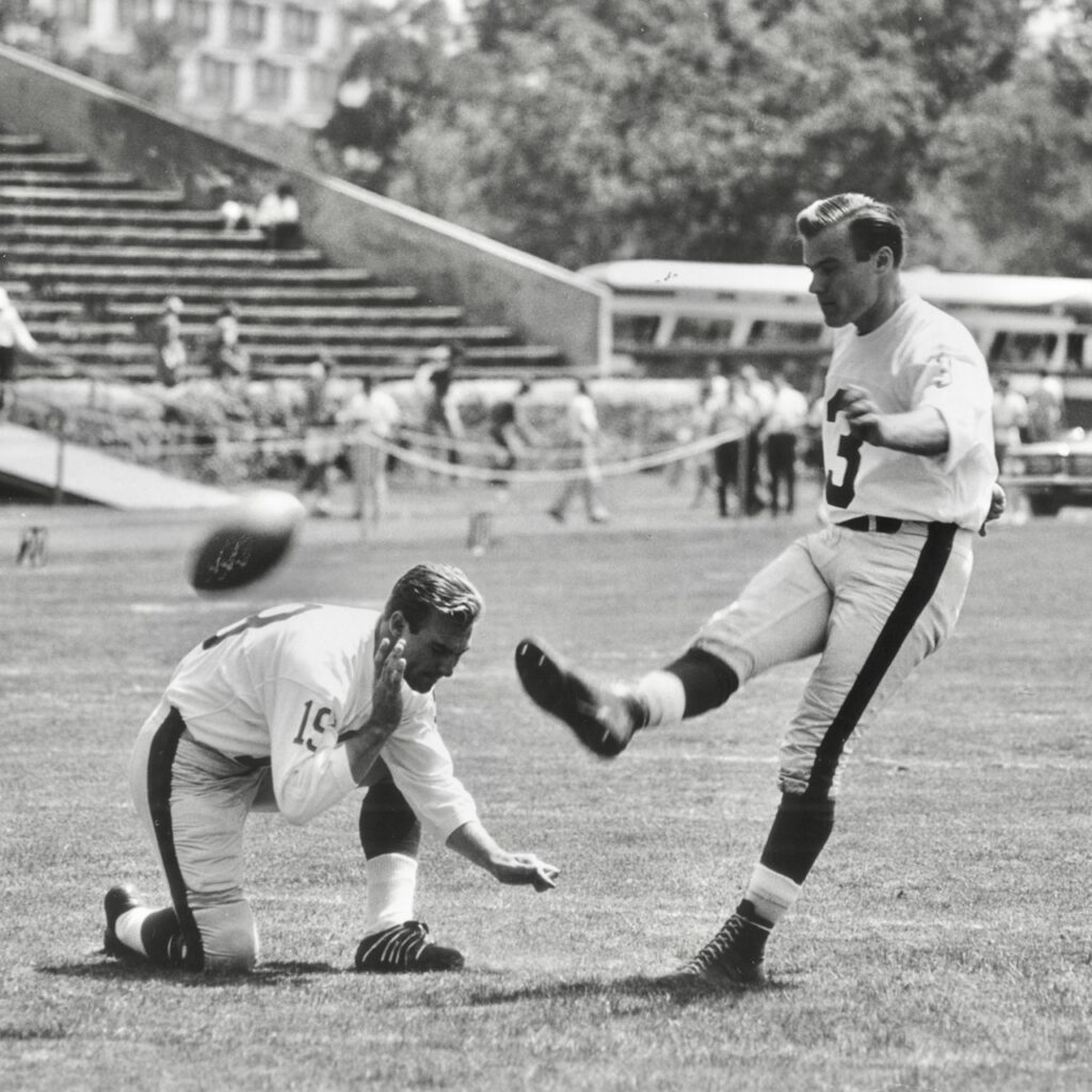Pete Gogolak ’64 demonstrates his signature kicking style