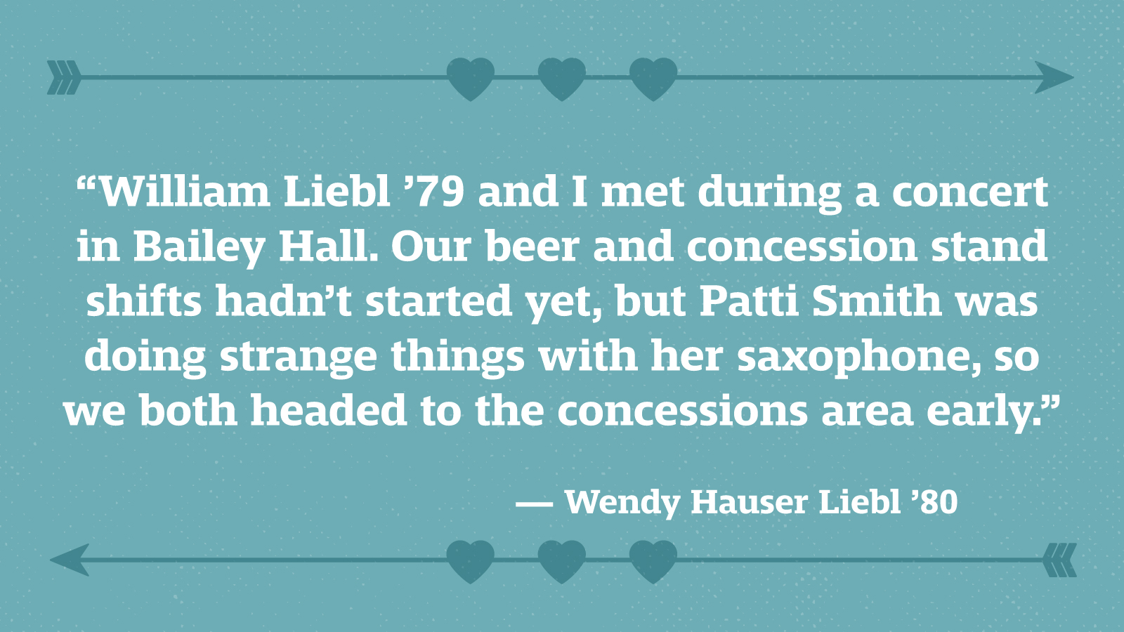 “William Liebl ’79 and I met during a concert in Bailey Hall. Our beer and concession stand shifts hadn’t started yet, but Patti Smith was doing strange things with her saxophone, so we both headed to the concessions area early.” — Wendy Hauser Liebl ’80