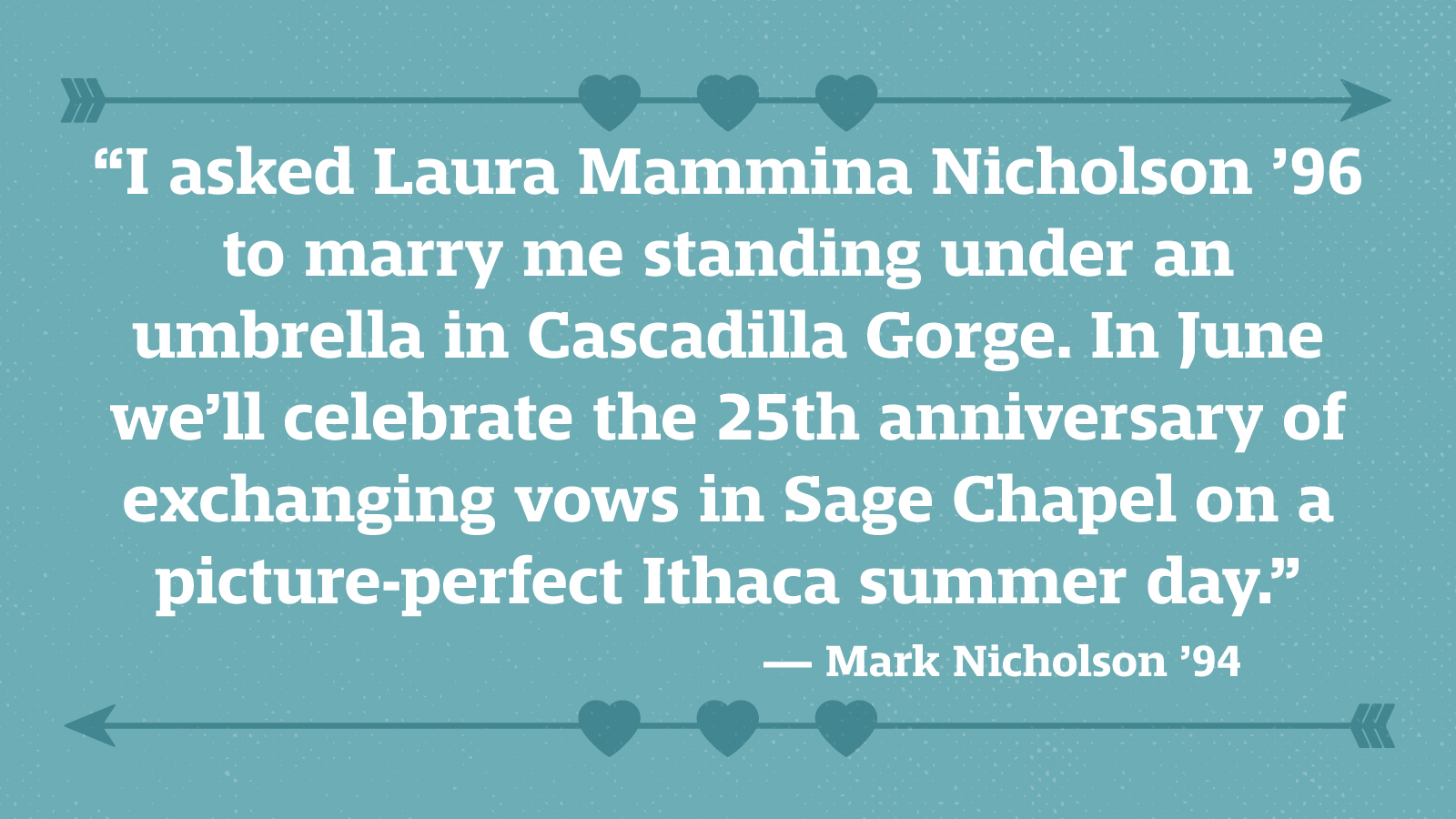 “I asked Laura Mammina Nicholson ’96 to marry me standing under an umbrella in Cascadilla Gorge. In June we’ll celebrate the 25th anniversary of exchanging vows in Sage Chapel on a picture-perfect Ithaca summer day.” — Mark Nicholson ’94