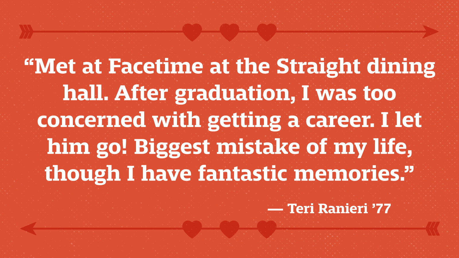 “Met at Facetime at the Straight dining hall. After graduation, I was too concerned with getting a career. I let him go! Biggest mistake of my life, though I have fantastic memories.” — Teri Ranieri ’77