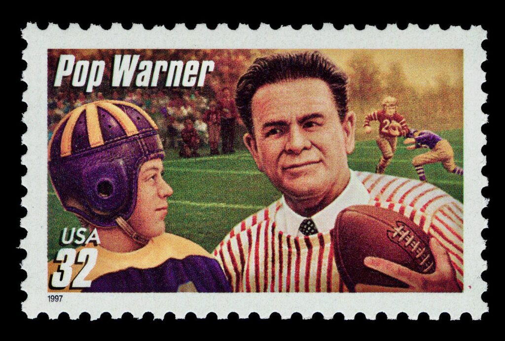 “Pop” Warner was immortalized on a U.S. postage stamp in 1997