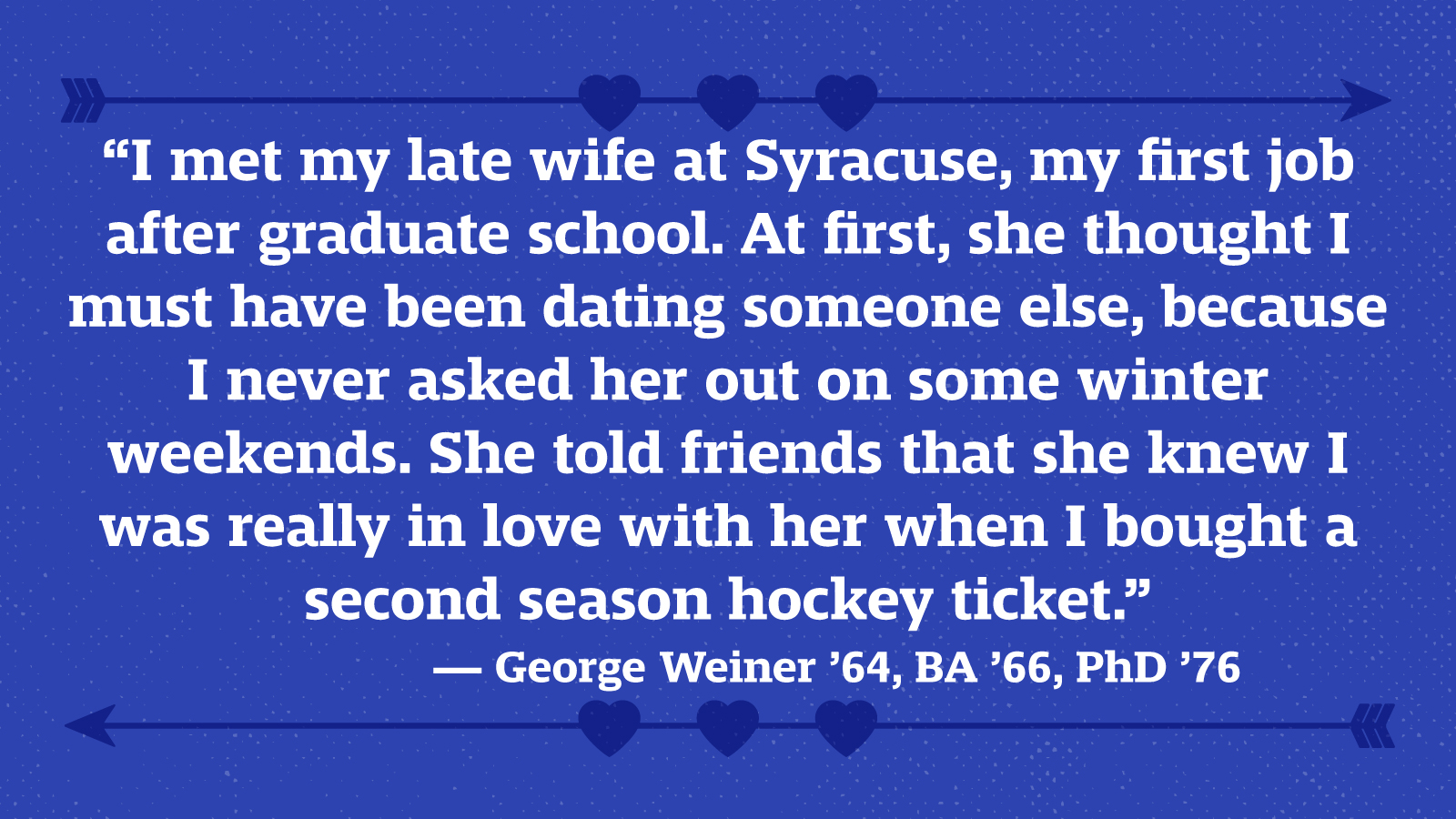 “I met my late wife at Syracuse, my first job after graduate school. At first, she thought I must have been dating someone else, because I never asked her out on some winter weekends. She told friends that she knew I was really in love with her when I bought a second season hockey ticket.” — George Weiner ’64, BA ’66, PhD ’76