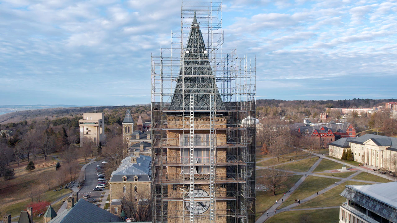 McGraw Tower surrounded by scaffolding