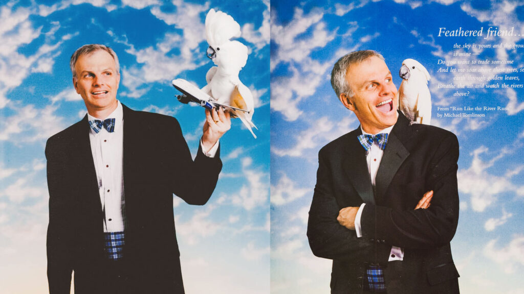 Chris’s first modeling job was posing with then-JetBlue CEO David Neeleman in 2002 for a Town&Country fundraising insert for Cornell’s veterinary college