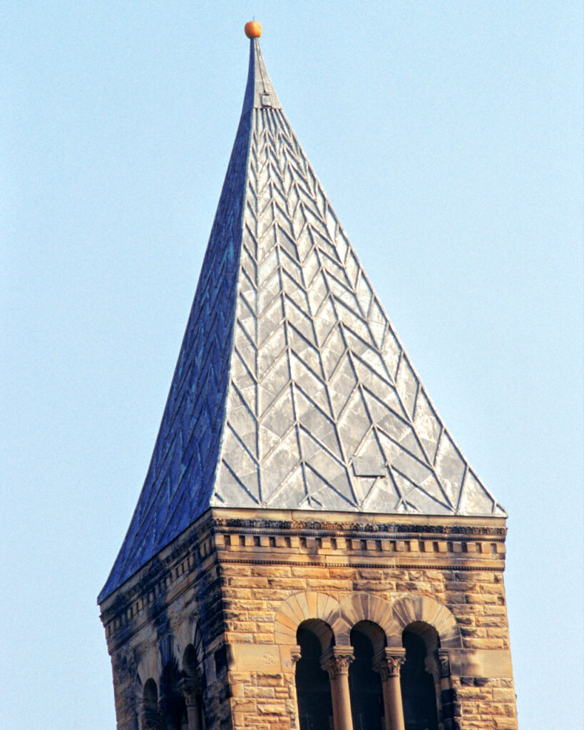 A pumpkin on the spire of McGraw Tower