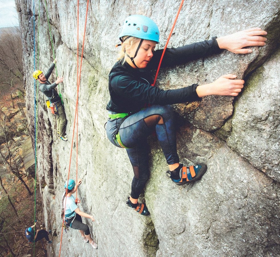 COE students participate in an outdoor top roping rock-climbing class in 2019