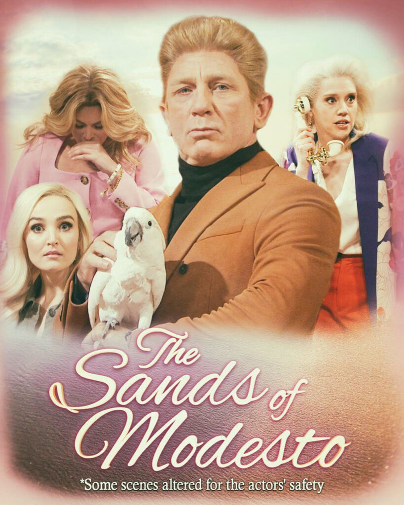promotional poster image of Chris the cockatoo, actor Daniel Craig, and “Saturday Night Live” cast members for the spoof skit “The Sands of Modesto”