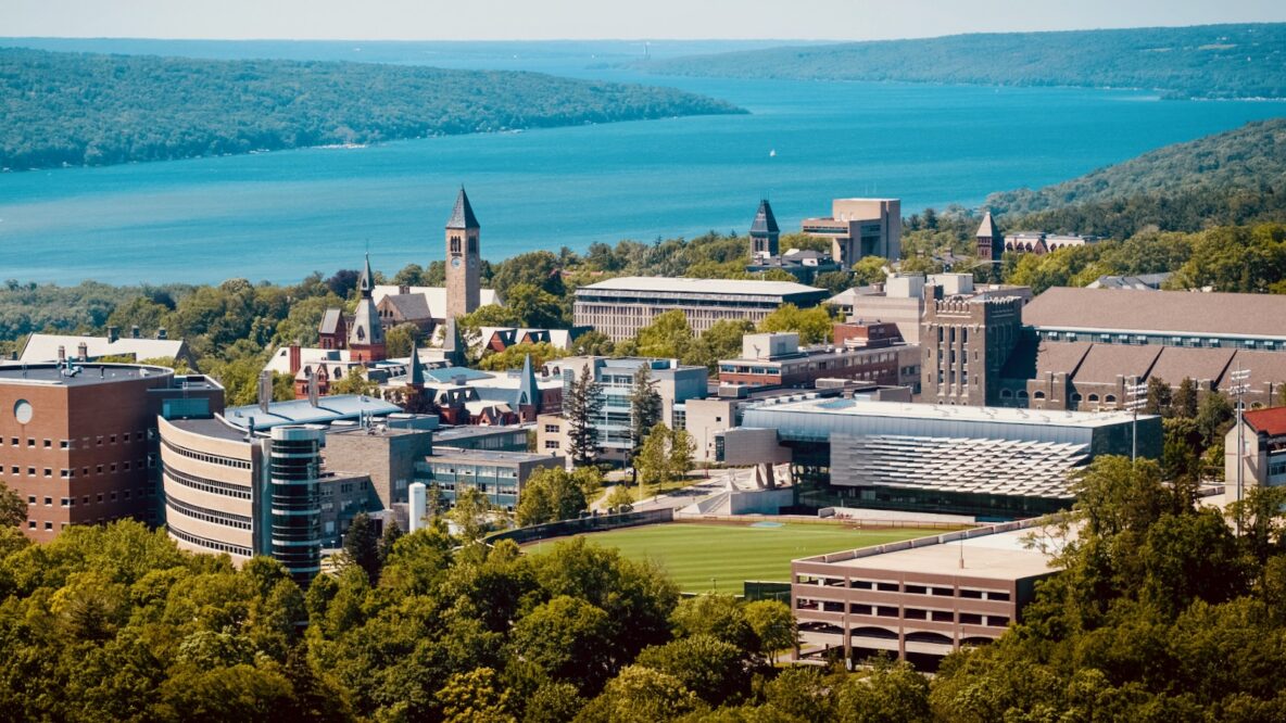 aerial view of central campus with Cayuga Lake
