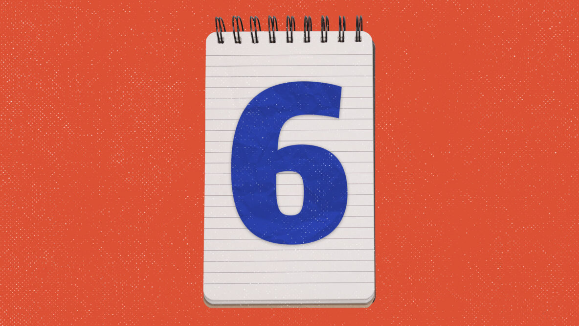 The number 6 in blue, on a white spiral notebook, on an orange background