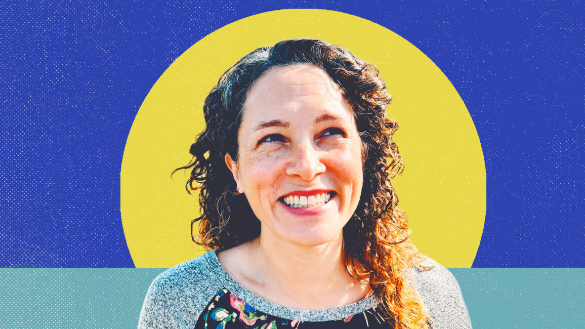 A photo of author Michelle Knudsen on a background pattern of a yellow circle and two shades of blue
